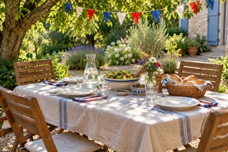 Repas dressé dans un jardin