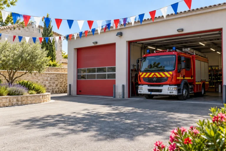 Camion rouge dans une caserne
