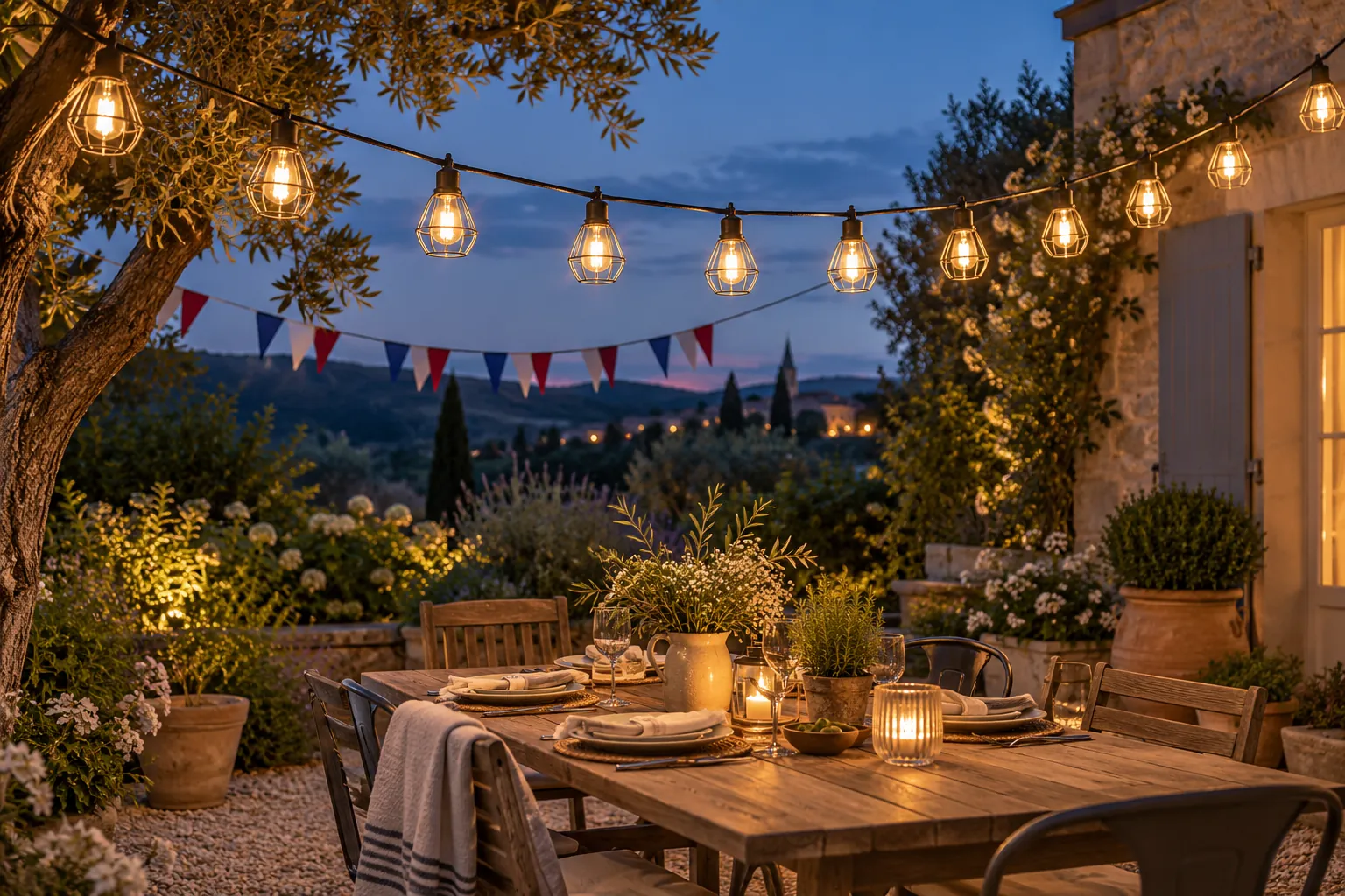 Guirlande éclairée au-dessus d’une terrasse