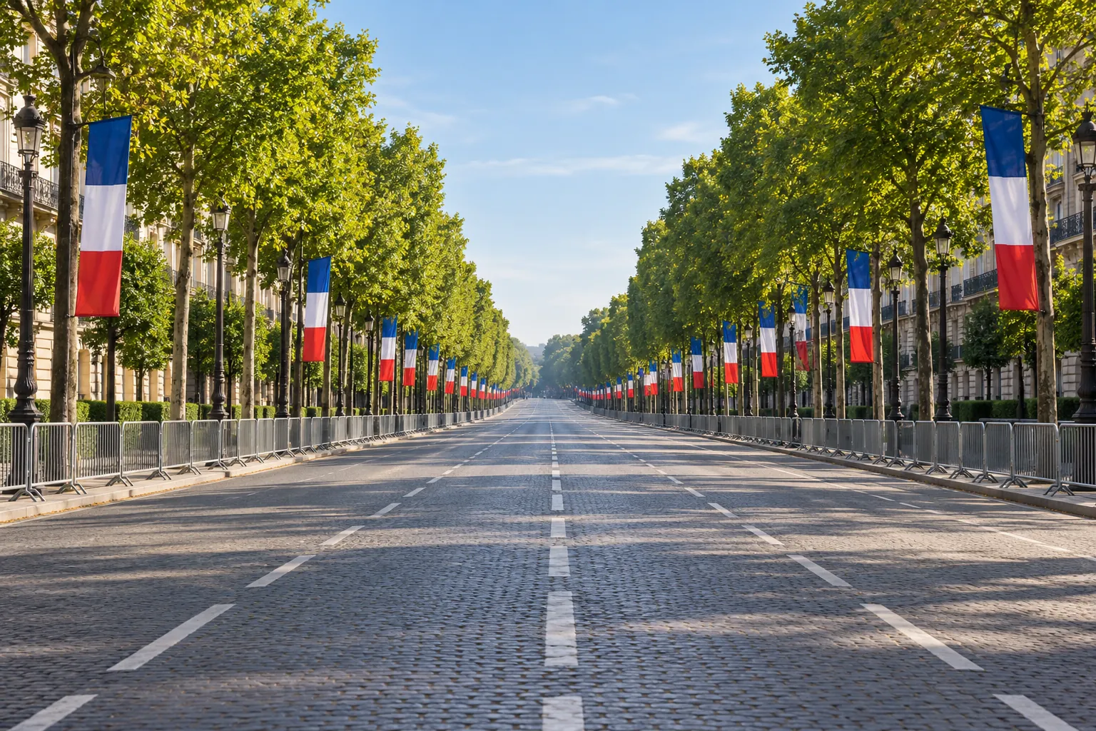 Avenue décorée de drapeaux français