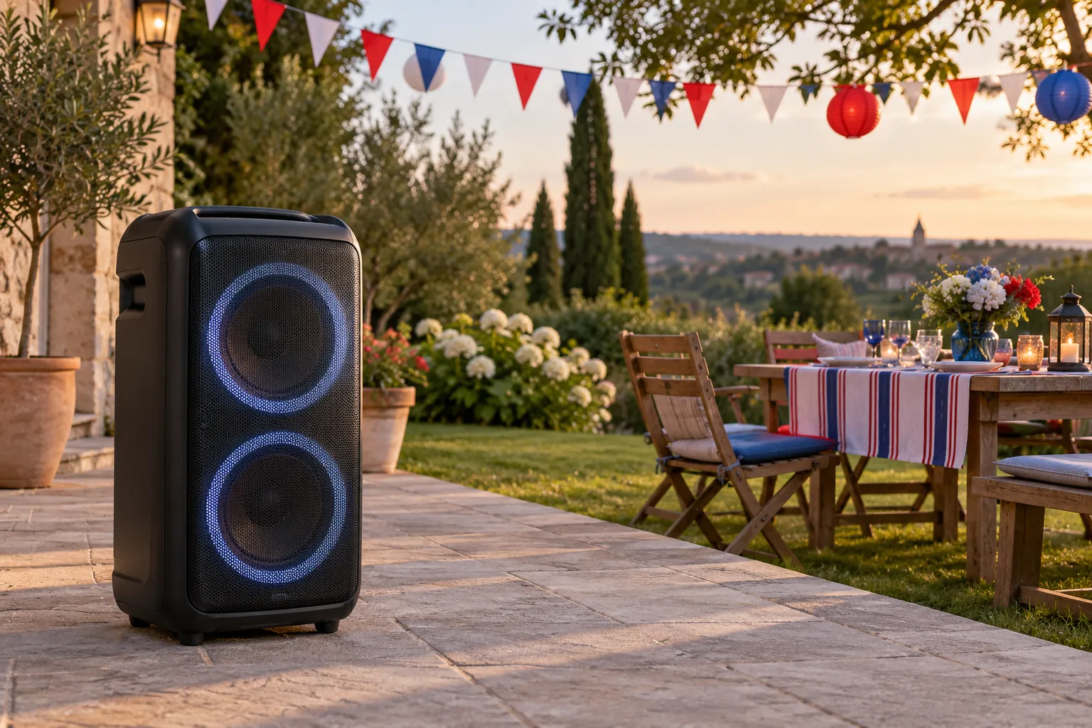 Enceinte sur une terrasse décorée