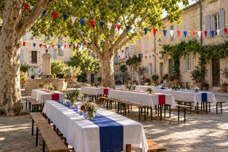 Tables dressées sur une place